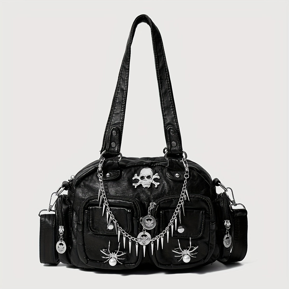 Vintage Gothic Style Tote Bag for Women, Halloween Skull and Spider Metal Chain, Punk Shoulder Tote with Fixed Straps, Zipper Closure, Water-Resistant PU, Polyester Lined - Black Dropshipman