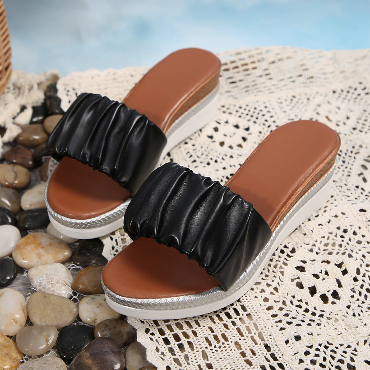 Pleated Slippers Summer Fashion Wedge Sandals For Women Outdoor Slides Simple Thick-soled Beach Shoes null