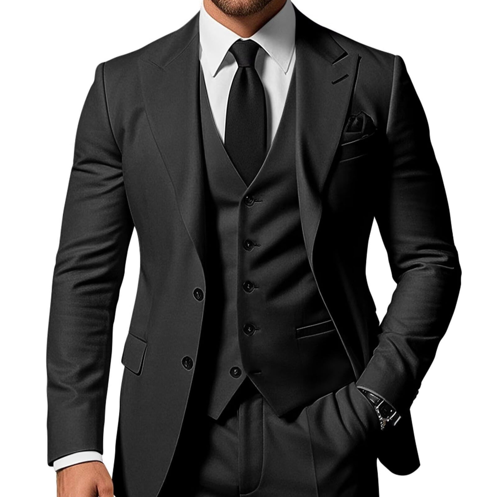 Men's Solid Color 2-piece Buckle Casual Jacket Vest Pants Set