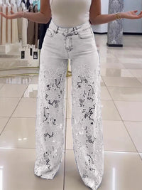 Y2K Lace Flowers Hollow Jeans Fashion High Waist Straight Wide Leg Pants Solid Color Trousers Women's Clothing