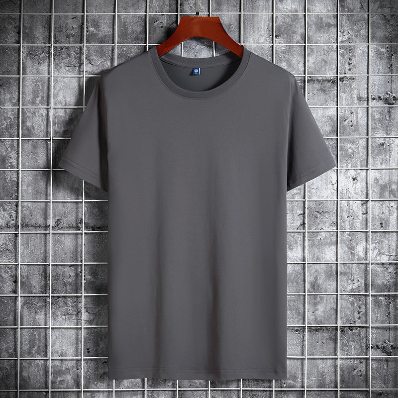 Cotton Short Sleeve T-shirt Men's Pure Color All-matching Round Neck Lycra Elastic Plus Size
