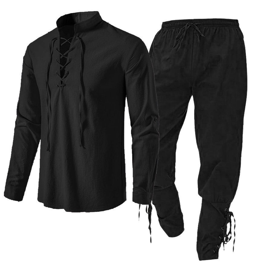 Men's Long Sleeve Linen Cotton Shirt Casual Solid Color Two-Piece Set