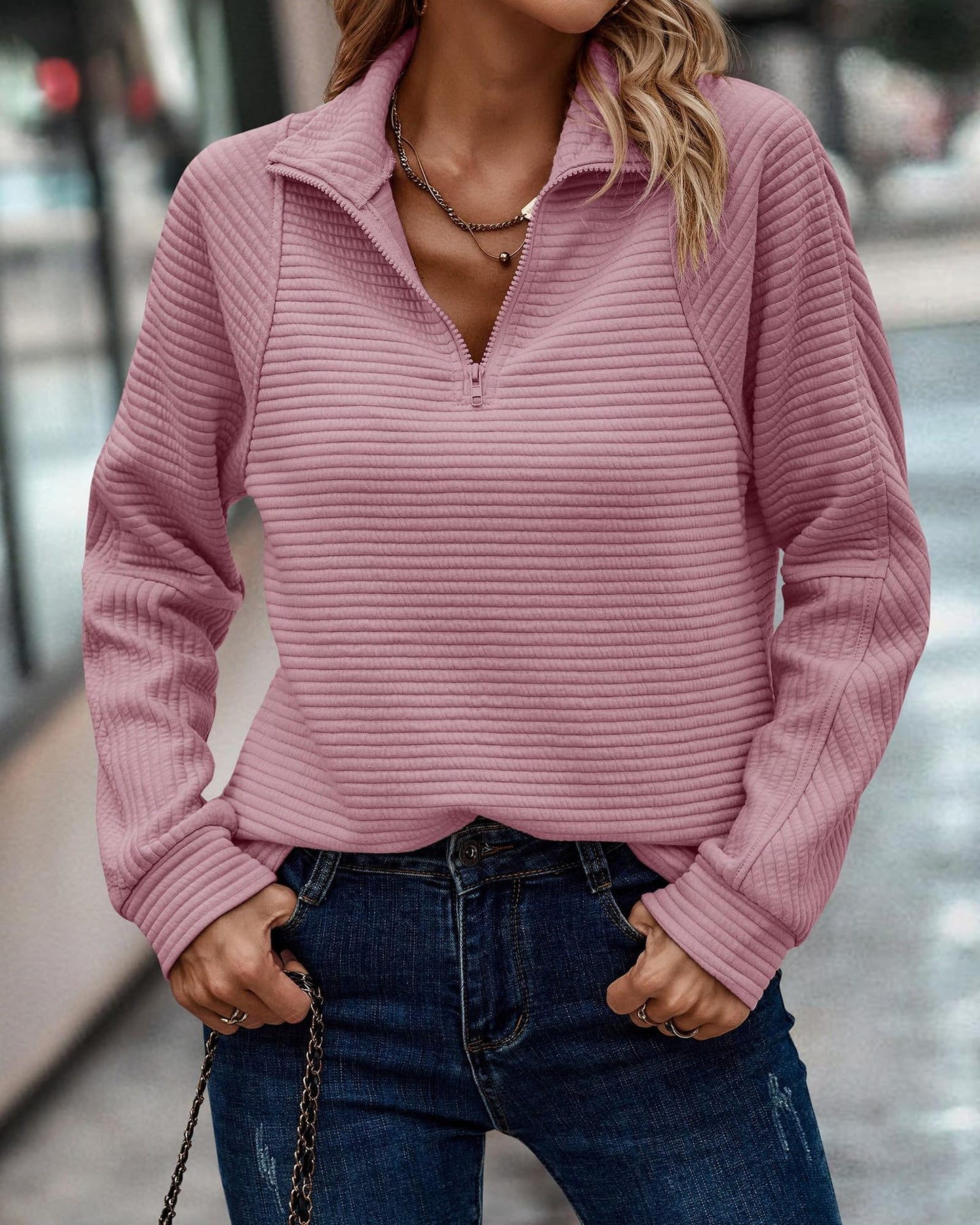 Zipper Stand Collar Pullover Sweatshirt Fashion Solid Striped Long Sleeve Top Spring And Autumn Women's Clothing null