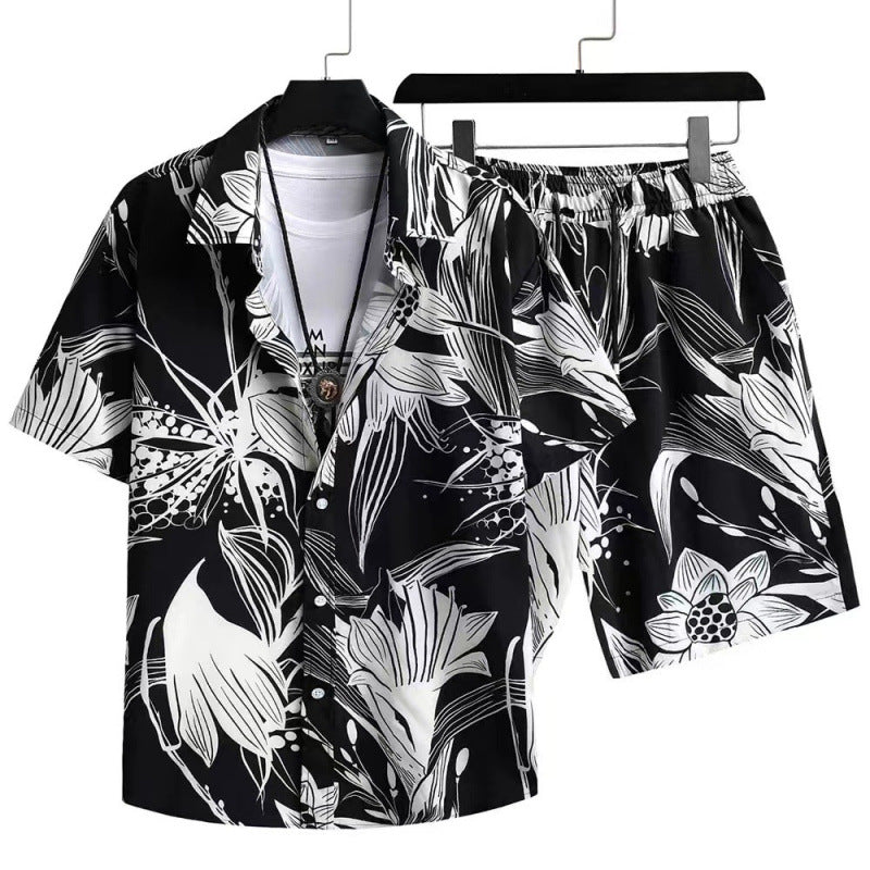 Men's Cardigan Casual Suit Digital Printing Short Sleeve Shorts Suit