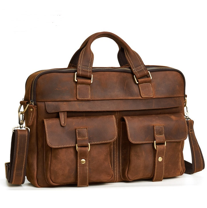 Genuine men''s bags retro men''s business bags briefcase cowhide oblique Bag 15.6 inch Laptop Bag null