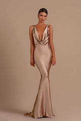 Mermaid Bridesmaid Dresses For Wedding Deep V Neck Satin Prom Dress Long Formal Evening Gowns For Women
