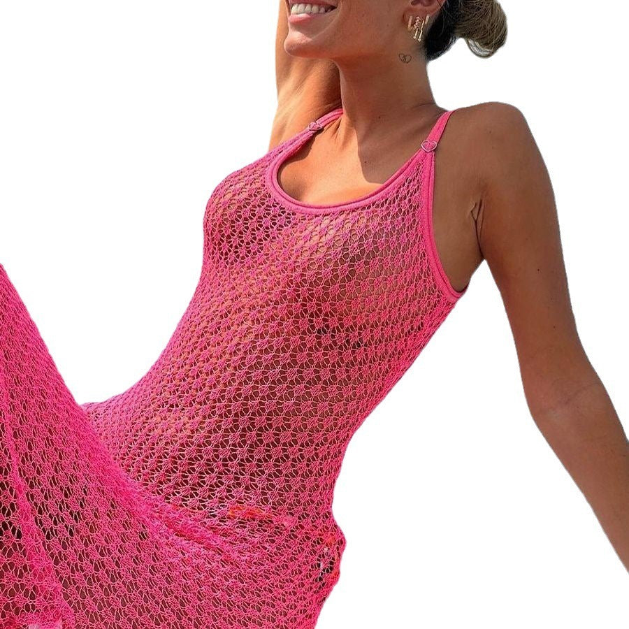 Solid Color Knitted Hollow Beach Bikini Swimsuit Blouse.