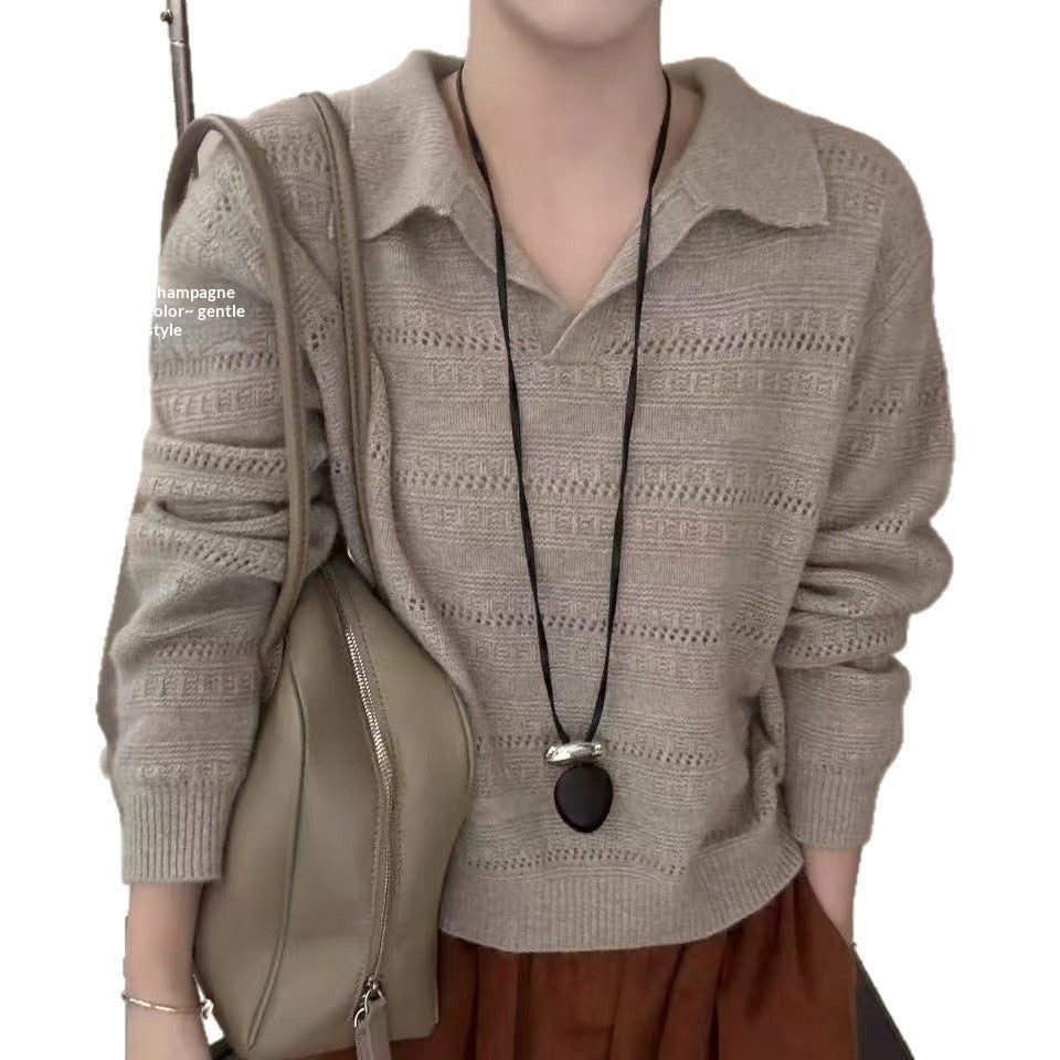 Womens Polo-Neck Sweater Fashionable Casual Artistic Solid-Color