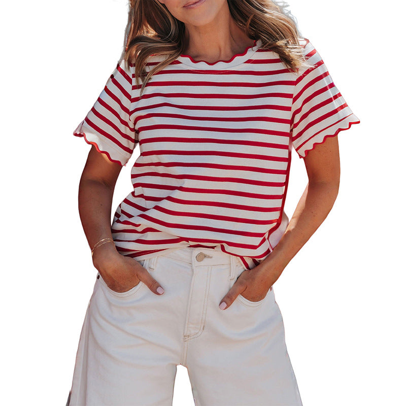 Womens Trendy, Avant-garde Striped T-shirt With A Ruffled Hem