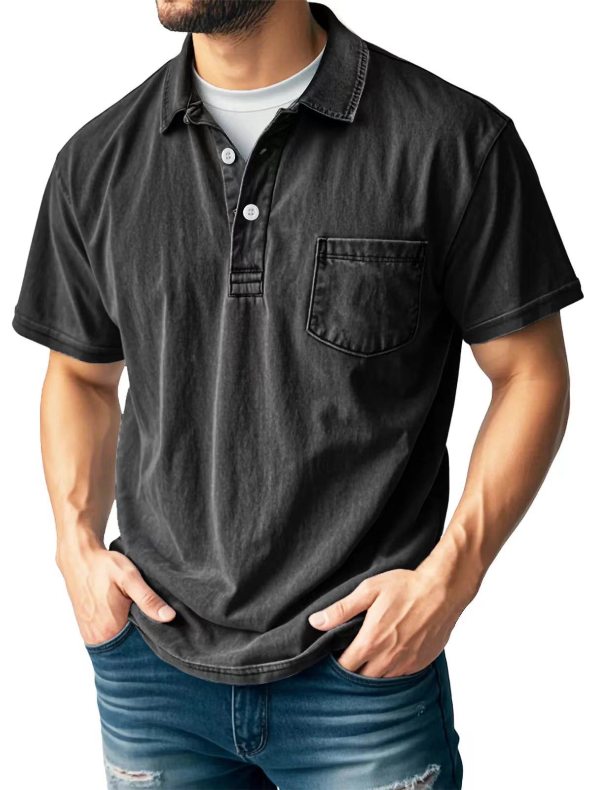 Men's Casual All-matching Short Sleeve Button Lapel Shirt Polo Shirt