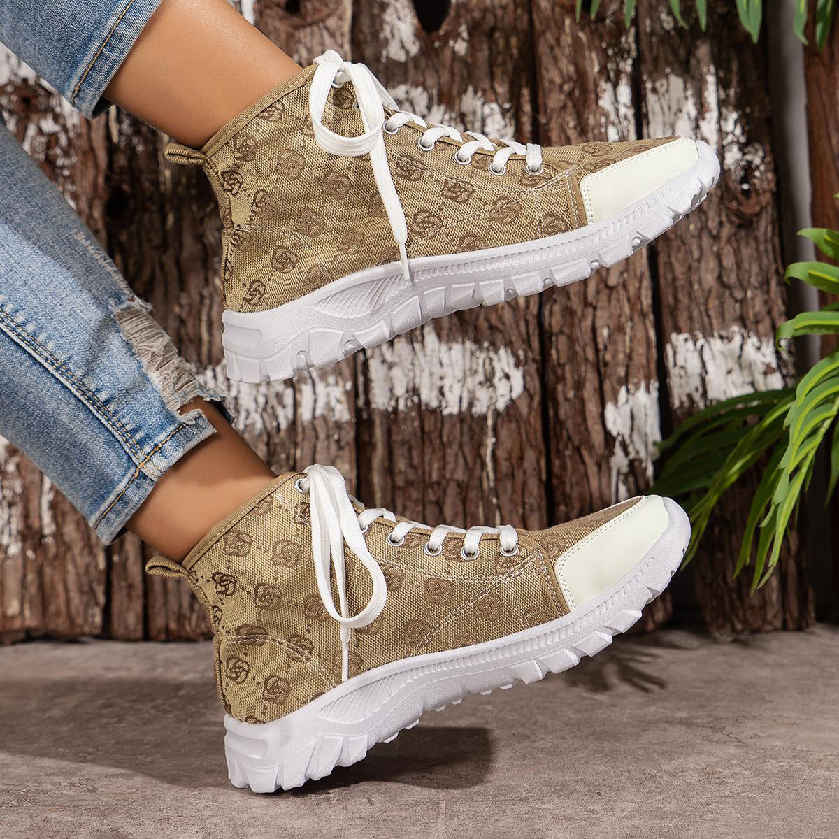 Rose-printed Lace-up Boots Fashion Breathable Canvas Shoes Sports Casual Non-slip Thick-soled Short Boot For Women null