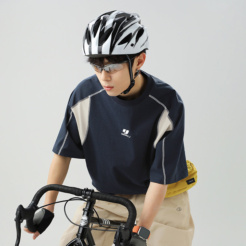 Contrast Color Men's Round Neck Embroidered T-shirt