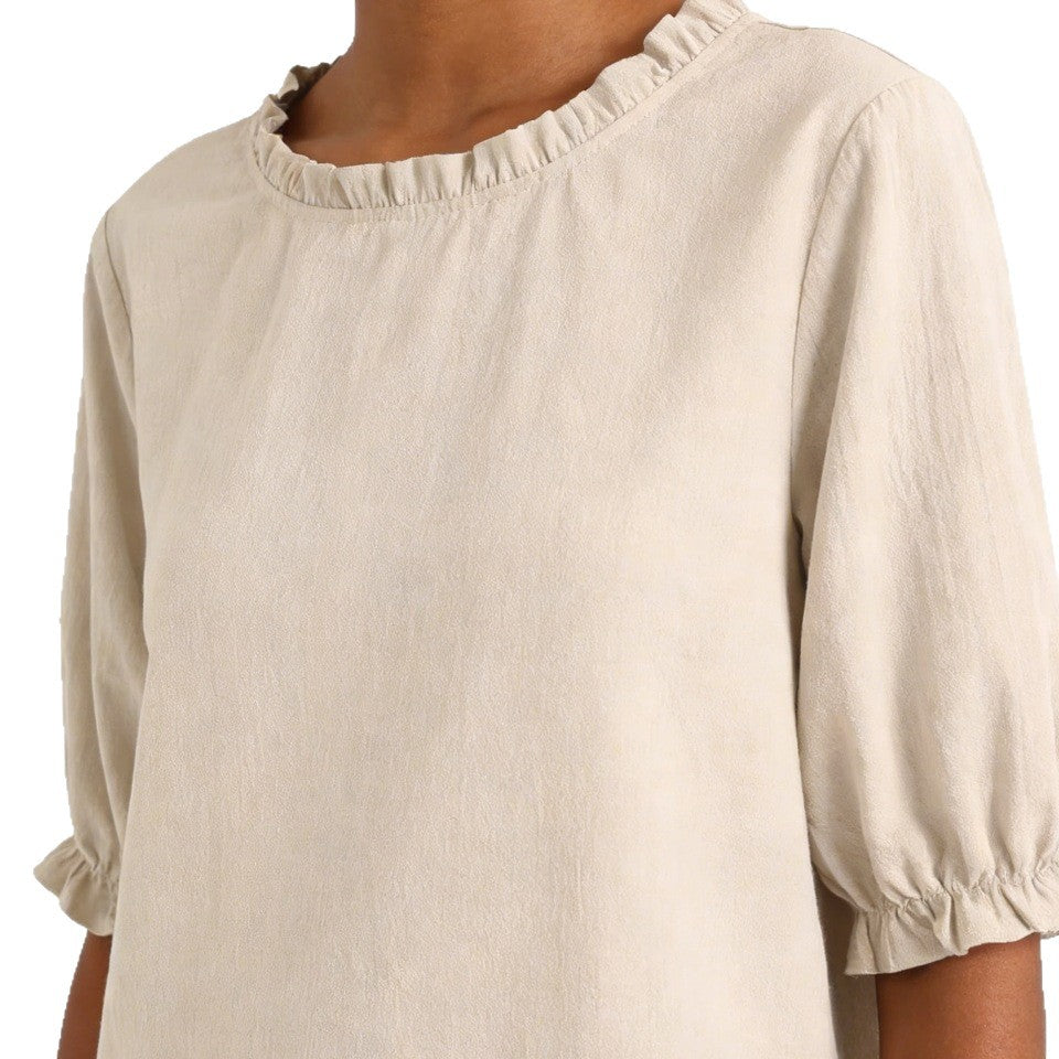 Round-neck Linen Solid-color Ruffled Mid-sleeve Top