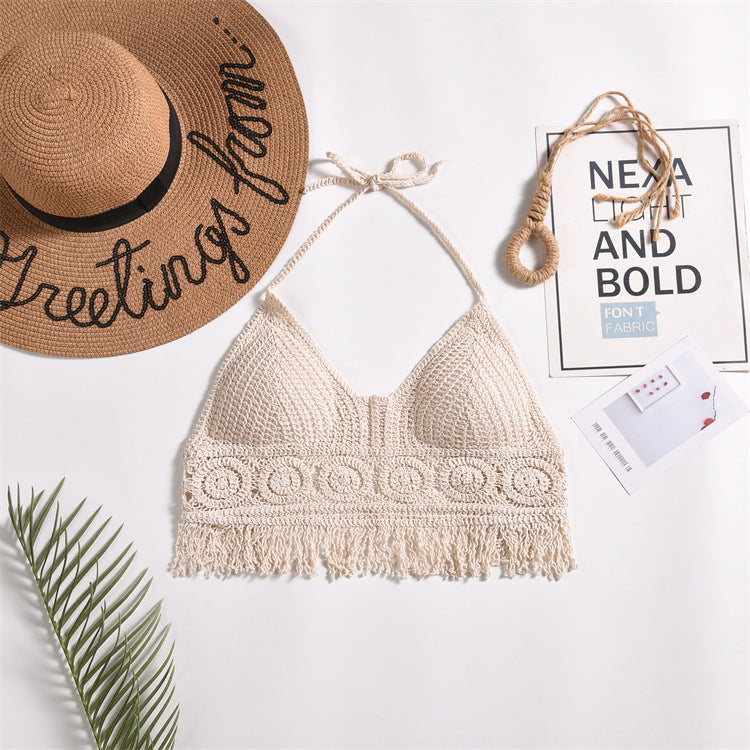 Womens Solid-Color Hollowed-Out Halter Vest With Built-in Padded Cups