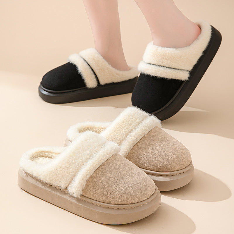 Fashion Warm Cotton Slippers For Women Leisure Thick Bottom Non-slip Plus-velvet House Shoes Winter Bedroom Floor Suede Slipper null