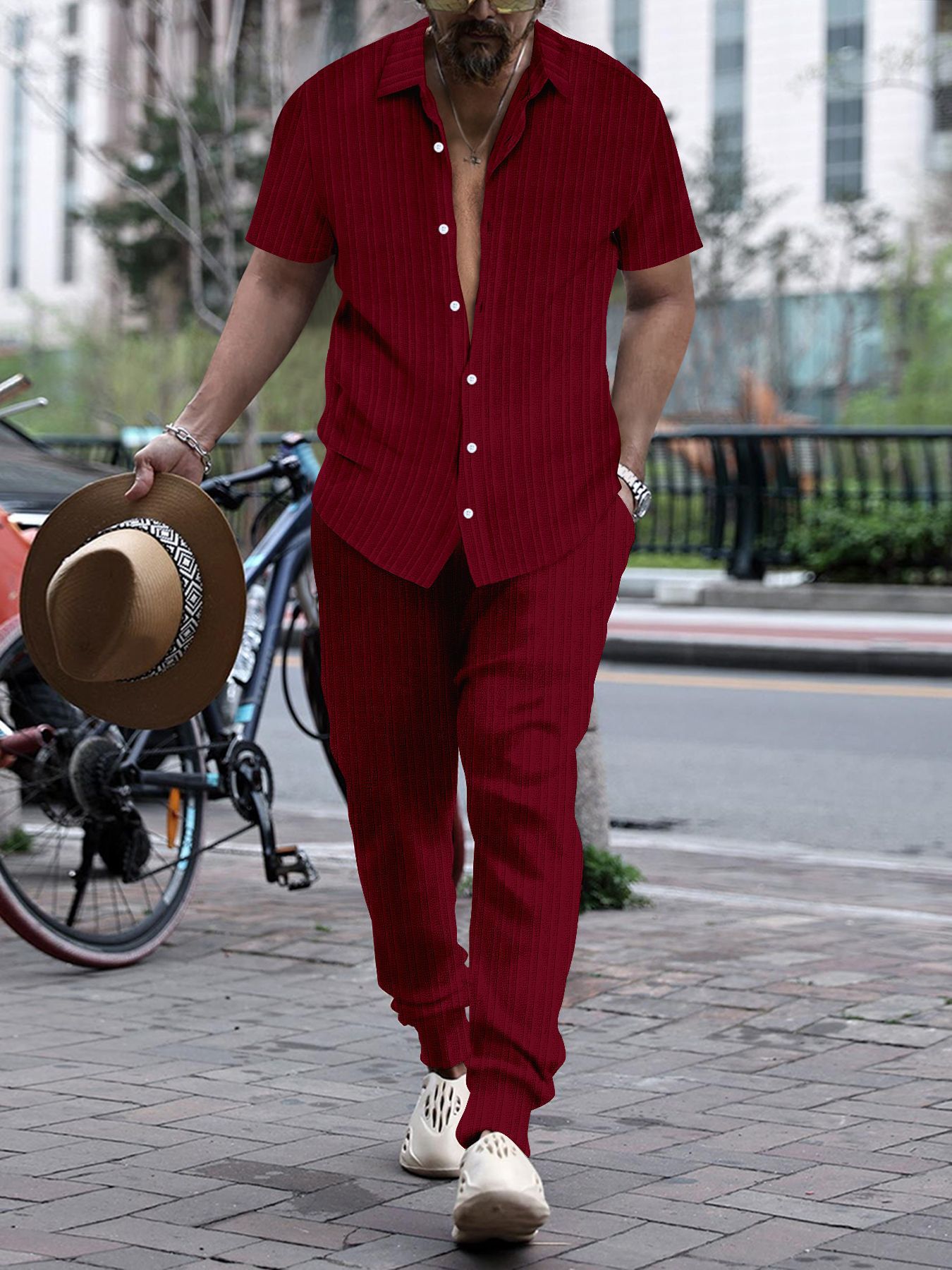 Men's Shirt Casual Loose Short Sleeves Trousers Beach Suit