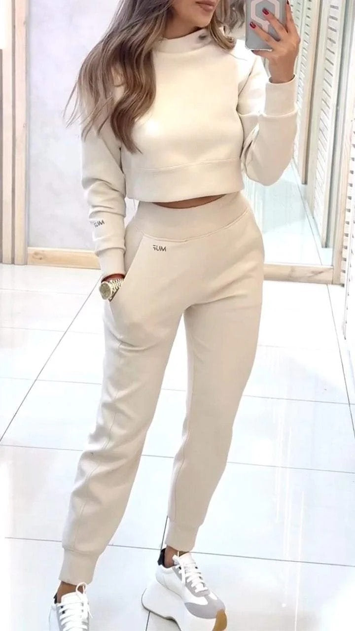 Stand Collar Sports Suit Fashion Pullover Long-sleeves Short Top And Slim Trousers With Pockets Solid Outfits Women's Clothing null