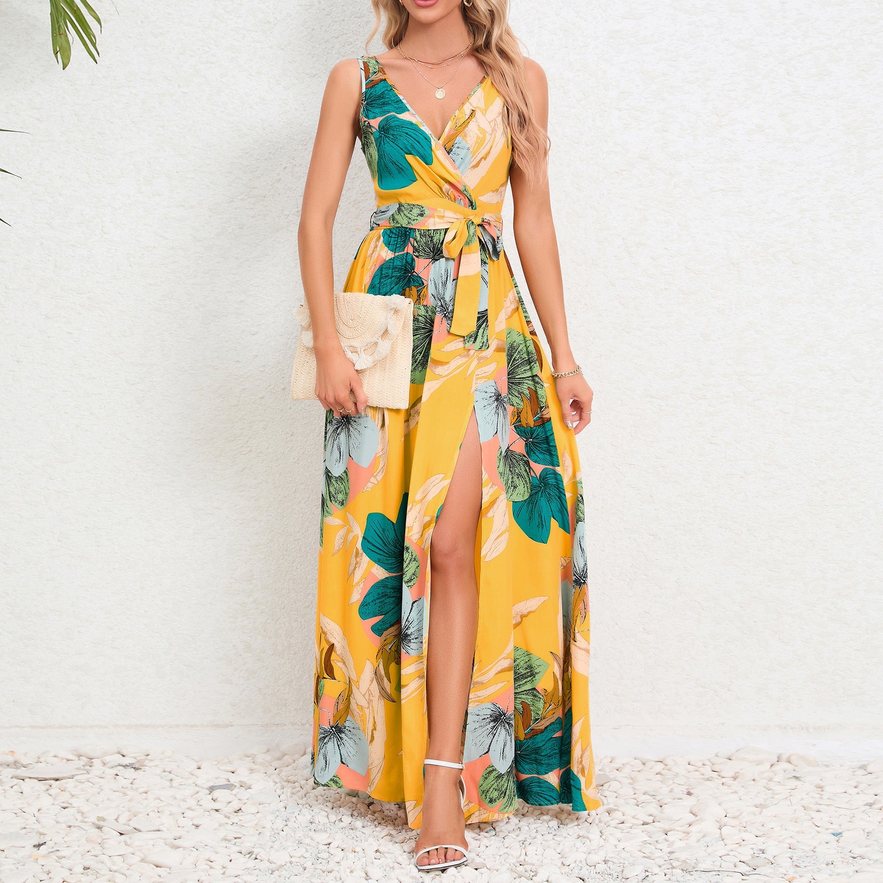 V-neck Floral Print Long Dress Summer Fashion Waist Tie Slit Design Sleeveless Dress For Womens Clothing.