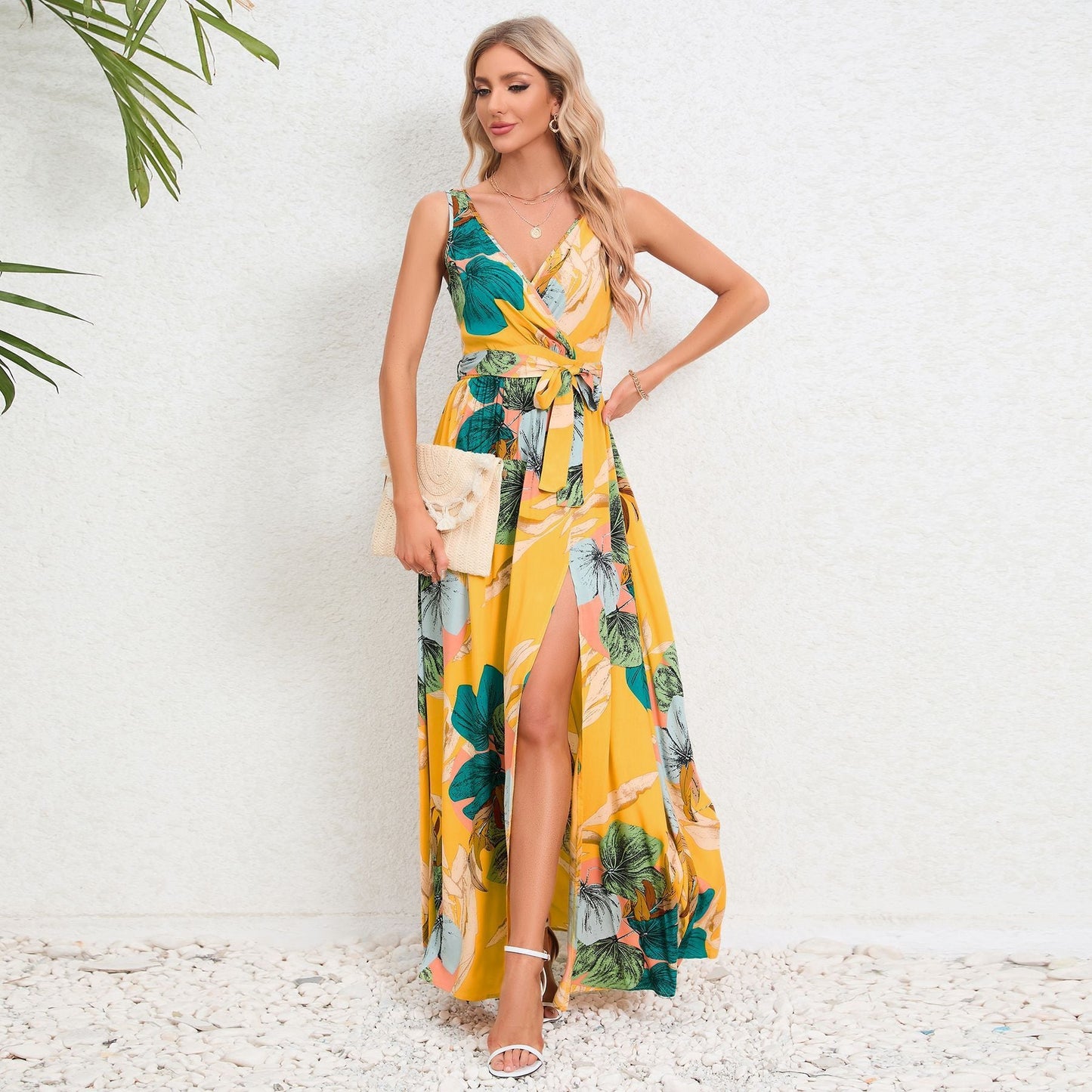 V-neck Floral Print Long Dress Summer Fashion Waist Tie Slit Design Sleeveless Dress For Womens Clothing.