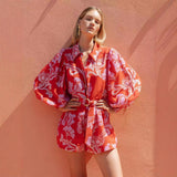 Loose Casual Puff Sleeve Lace-up Linen Jumpsuit For Women