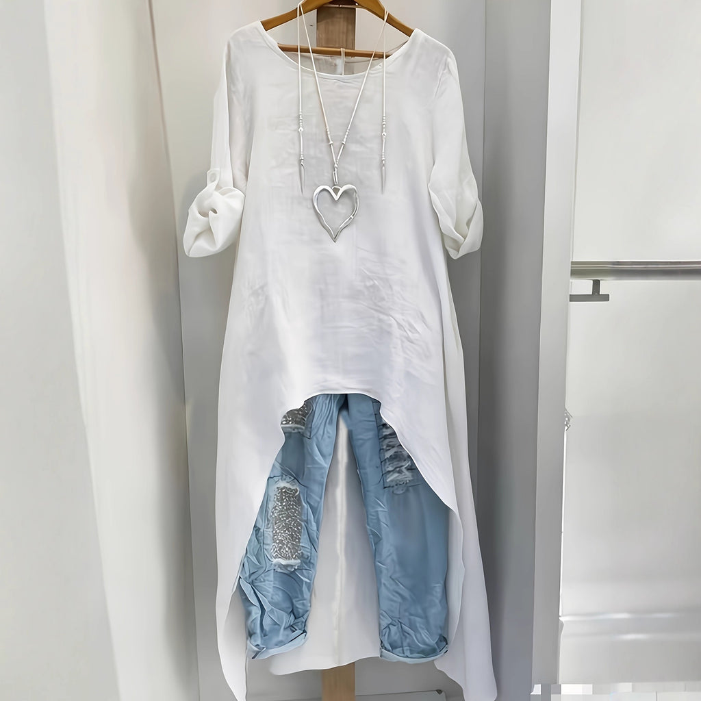 Womens Irregular Long Linen Top With A Crew Neck