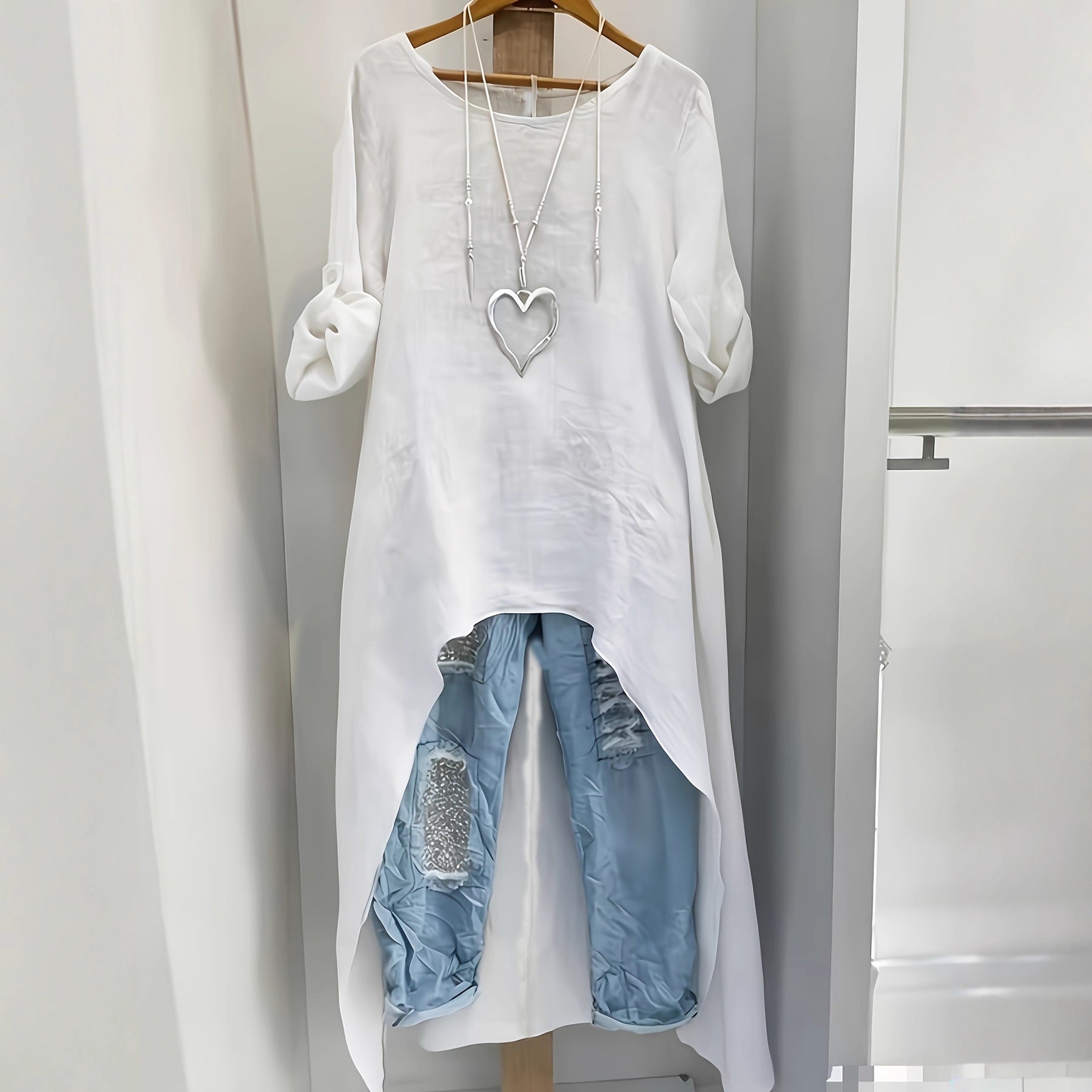 Womens Irregular Long Linen Top With A Crew Neck