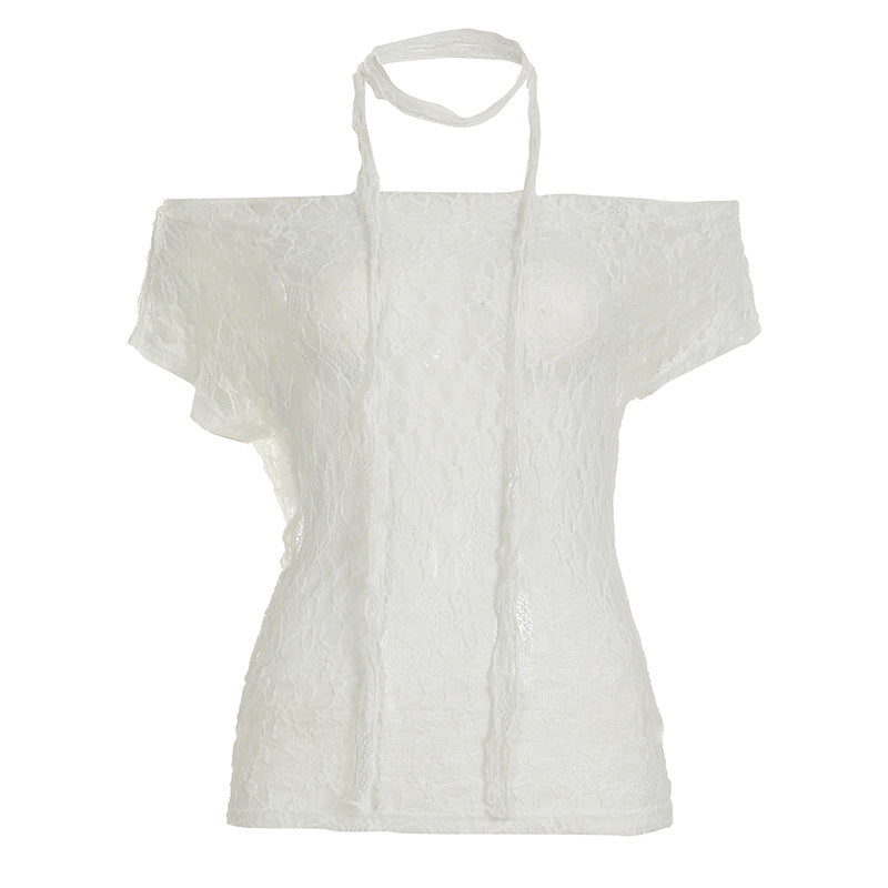 Lace Slimming Hollow-out Short-sleeve Off-shoulder T-shirt Top