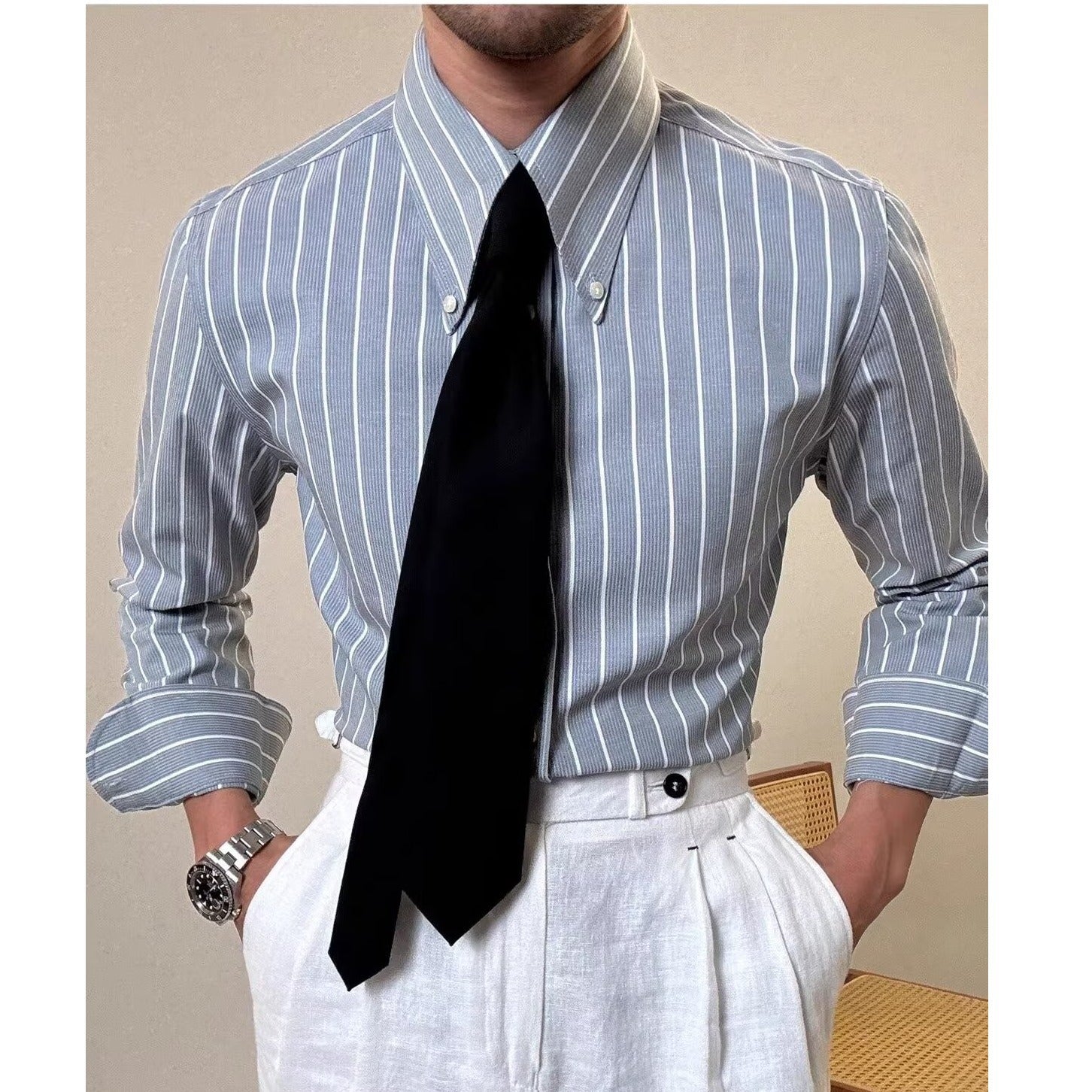 Mens Retro Casual White Striped Long-Sleeve Shirt