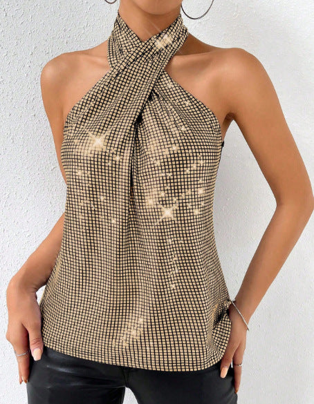 Womens Solid-Color Casual Minimalist Sequin Halter Top