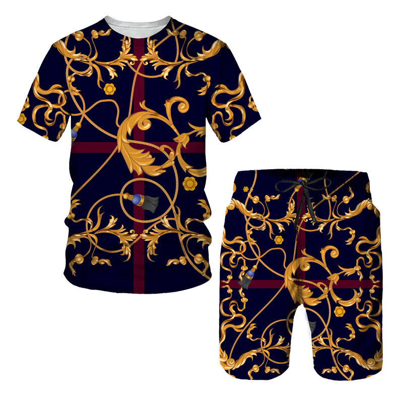 Chain Pattern Short Sleeve Digital Printed T-shirt Short Sleeve Suit