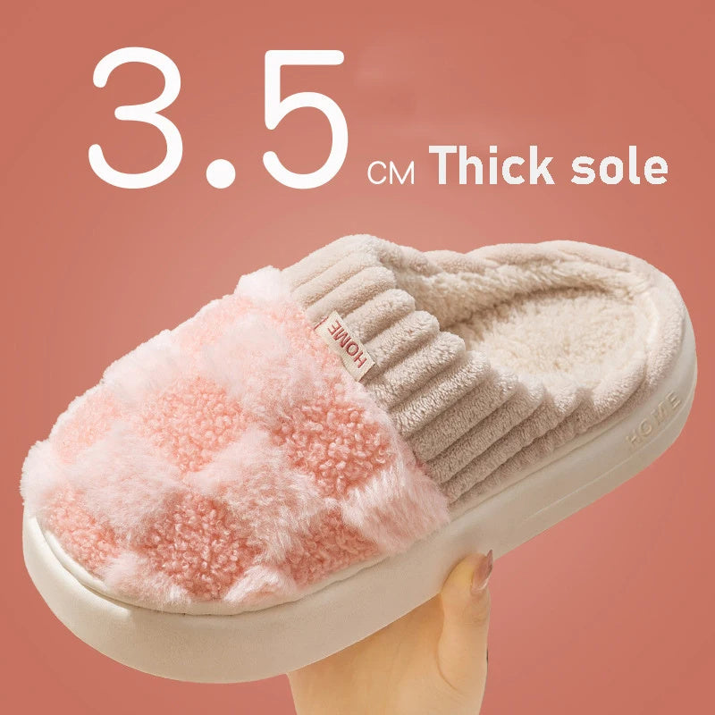 Plaid Plush Slippers Women's Indoor Plush Home Slippers Soft Sole Thick Non-Slip Warm House Shoes Couple Autumn And Winter null