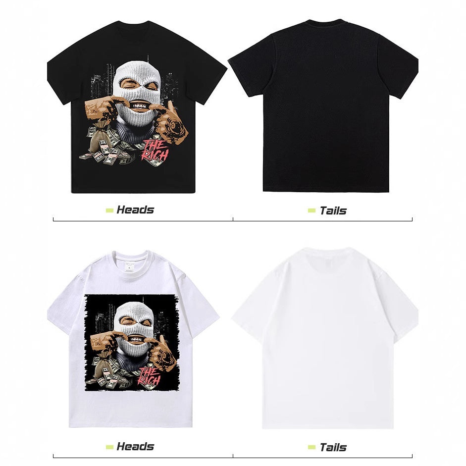 American Retro Spoof Oil Painting Digital Printing Distressed Washed Short-sleeved T-shirt For Men