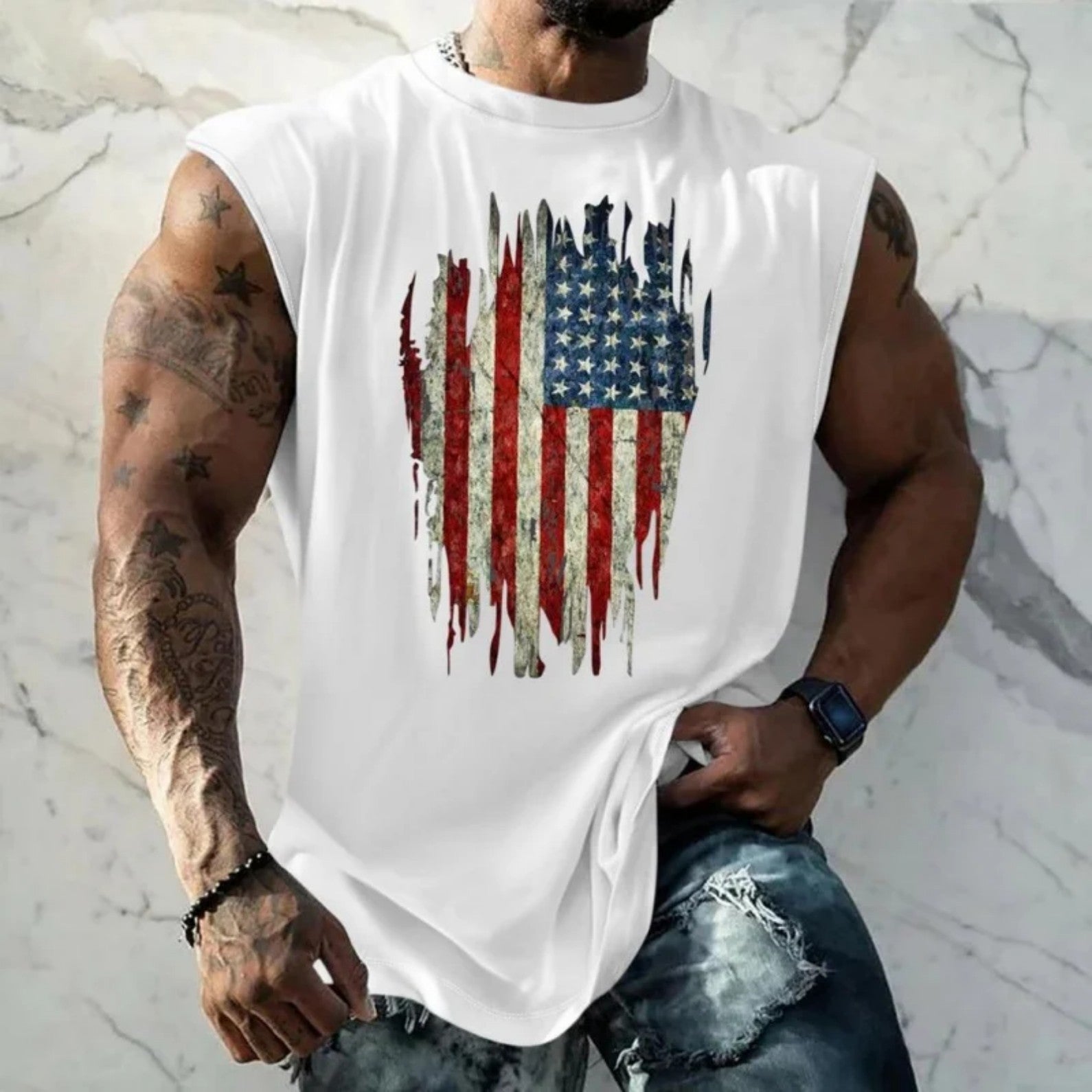 Vest American Shield Stripe Plain Pattern Men's Top