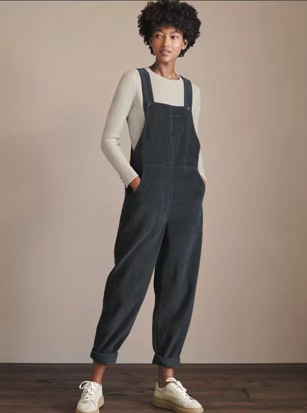 Corduroy Bib Overalls With Buttons And Pockets Fashion Casual Jumpsuit Loose Straight Pnats For Women null