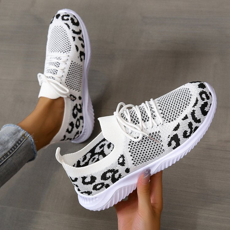 White Shoes Women Leopard Print Lace-up Sneakers Sports null