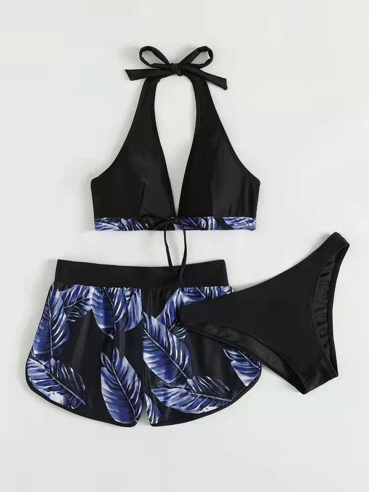 3pcs Leaf Print Bikini With Shorts Fashion Summer Beach Swimsuit Womens Clothing.