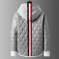 Alt Tag: Winter Hooded Cardigan And Padded Cotton Jacket TwoPiece Set gray quilted hooded jacket back view with striped detail, warm casual men’s style