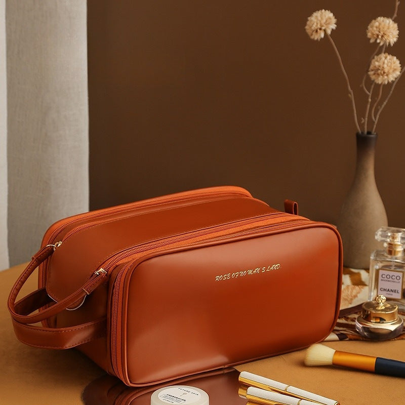 Three-layer Double Zipper U-shaped Design Cosmetic Bag Fashion High Capacity Make Up Bags Portable Pu Leather Storage Bag For Skin Care Products null