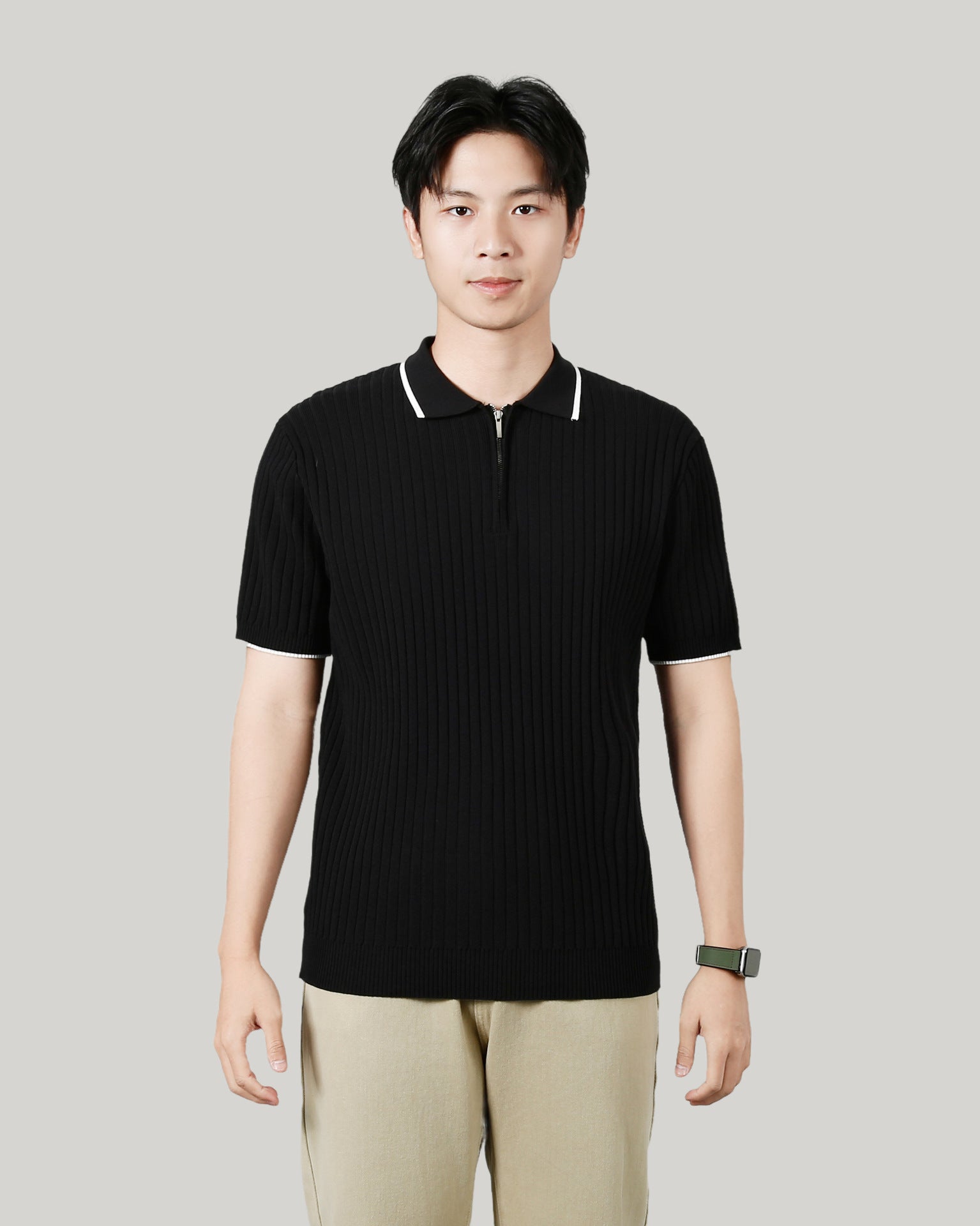 Men's Half-zip Ice Silk Knitted Lapel Vertical Striped Top