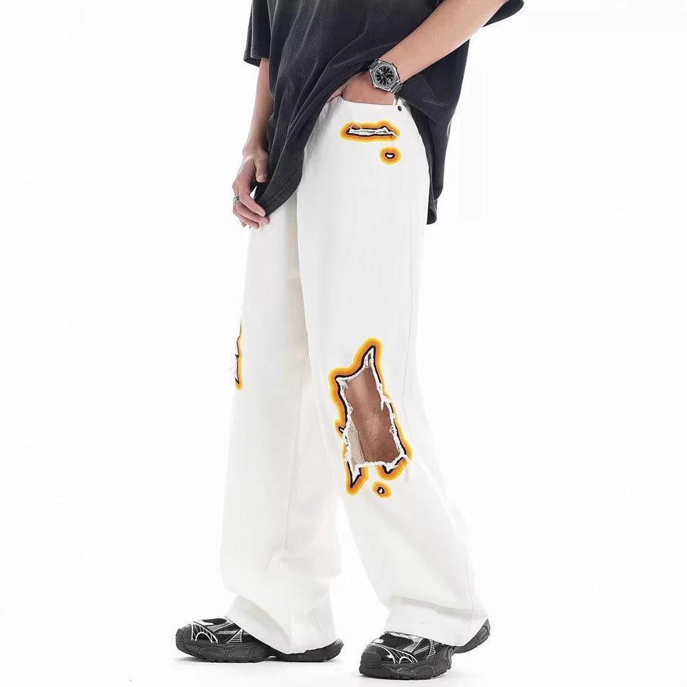 Retro Washed Ripped Embroidery Niche Design Loose Trousers