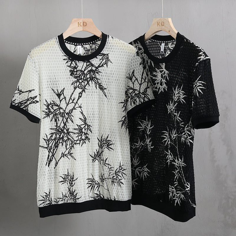 Summer Ice Silk Cut Mesh Short Sleeve T-shirt Men