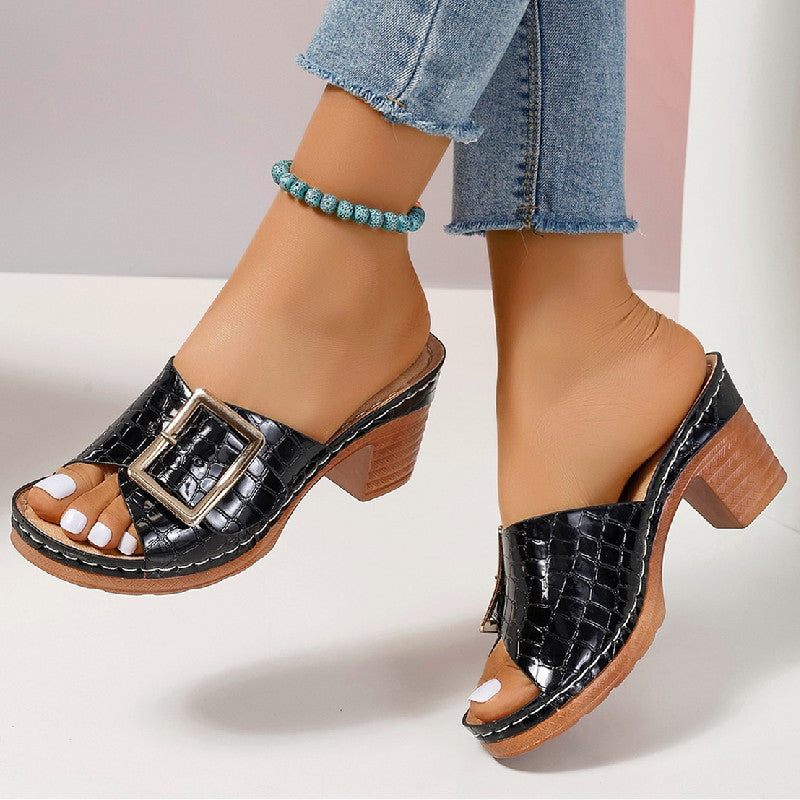 Fashion Crocodile-textured Buckle Sandals Square Chunky Heel Peep-toe Slides Slippers Women Shoes null