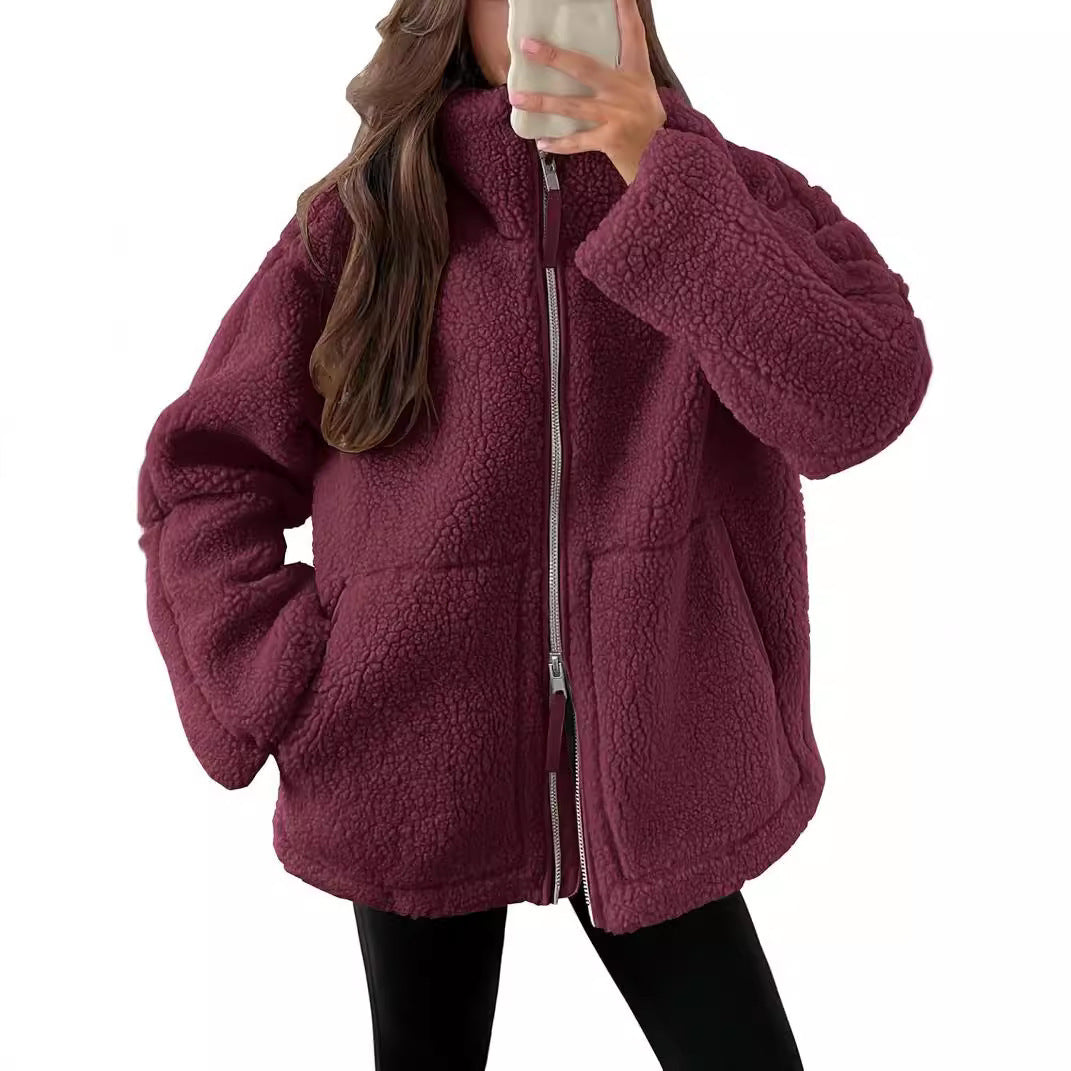 Winter Lapel Zip-up Coat With Pockets Casual Fashion Solid Fleece Jacket Fall Spring Long Sleeve Women's Clothing null