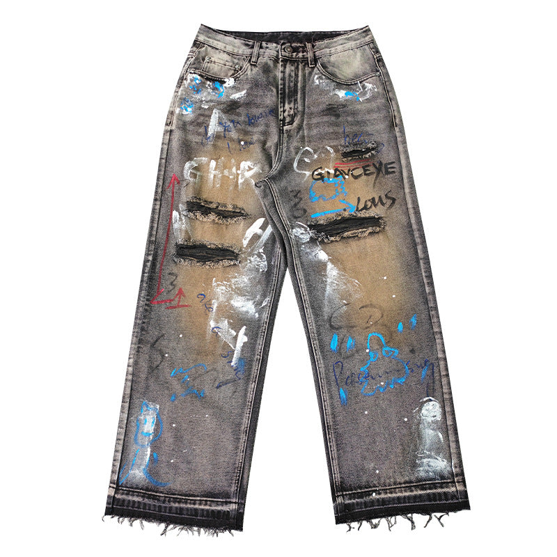 Street Graffiti Ripped Jeans Men And Women Loose Straight Neutral