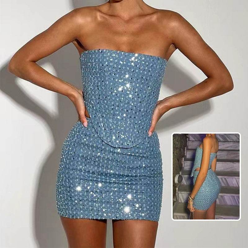 2pcs Denim Sequins Skirt Suit With Sexy Tube Top And Slim Skirt Y2K Ins Fashion Clothing For Women - Update Avenue 