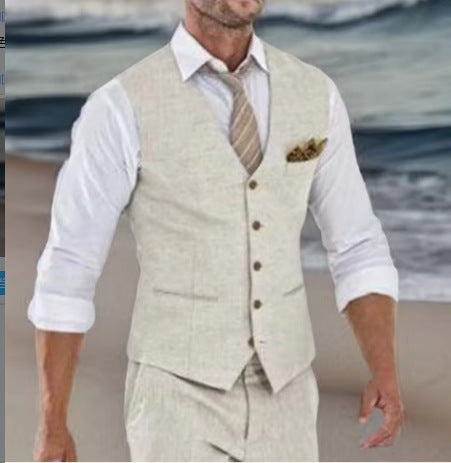 Men's Linen Suit 2 Piece Set Beach Wedding Shorts And Vest Suit