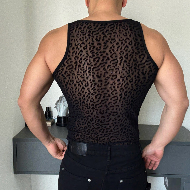 Leopard Print Cutout See-through Vest For Men Sleeveless T-shirt Breathable Disco Vest Base Layer