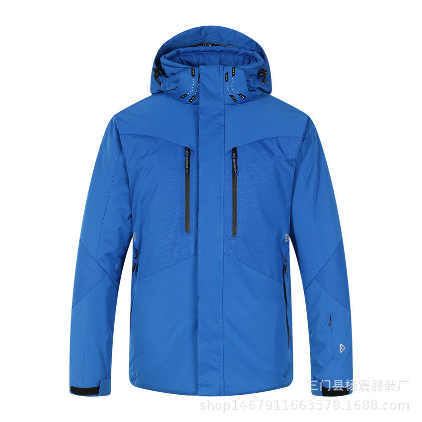 Mens New Thickened Insulated Winter Outdoor Shell Jacket in blue, waterproof breathable windproof hooded winter hiking jacket with zip pockets