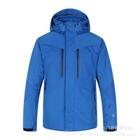 Mens New Thickened Insulated Winter Outdoor Shell Jacket in blue, waterproof breathable windproof hooded winter hiking jacket with zip pockets