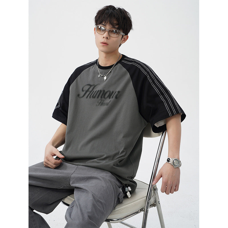 Retro Contrast Color Bright Line Raglan Sleeve Short Sleeve T-shirt Men's Summer New